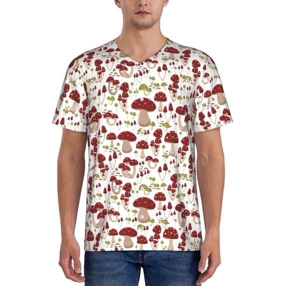 Zufioo Mushroom Print Men's Baseball Short Sleeve, Moisture Wicking Button-Down Hip Hop Tee-Medium