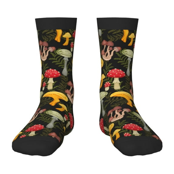 Zufioo Mushrooms And Fern Stems Print Children's Mid-tube Socks, Contrast Color High Elastic Sports Socks - Sweat-absorbent, Warm, Suitable for Children Aged 6-10