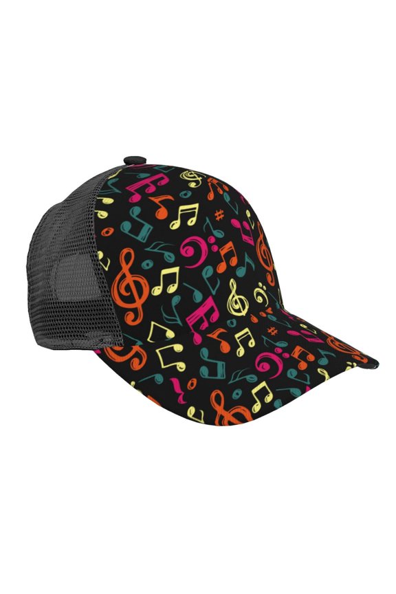 Music Notes Print Mesh Baseball Cap, Adjustable Sport Travel Hat Accessory for Men and Women