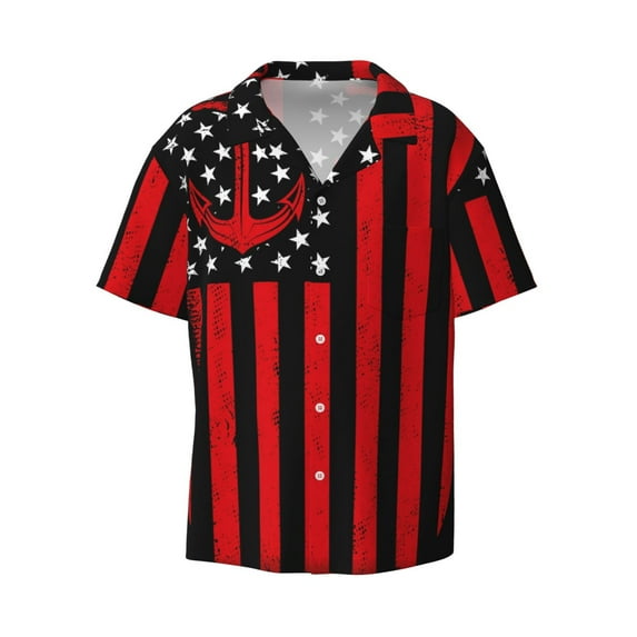Zufioo Nautical American Flag Print Mens Button Down Short Sleeve Shirt,Classic Plaid Shirt,Mens Accessories Fashion Shirt-3X-Large