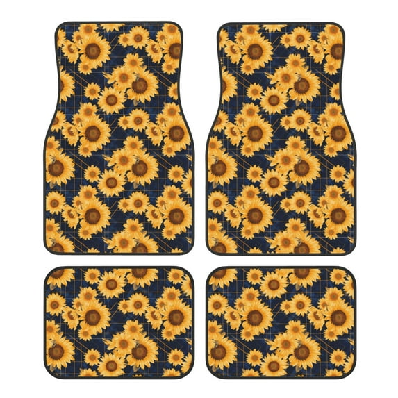 Zufioo Navy Blue Plaid Sunflower Print Car Floor Mats Four-piece Set, Car Interior Accessories - Corrosion-resistant, Non-Slip, Suitable for Cars, Trucks, Vans