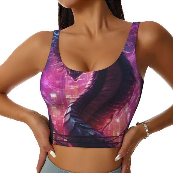 Zufioo Neon Futuristic Dragon Print Women's Sports Vest, U-shaped Removable Chest Pad Sports Backless Top, Suitable for Fitness and Bodybuilding, Leisure and Daily Life-X-Large
