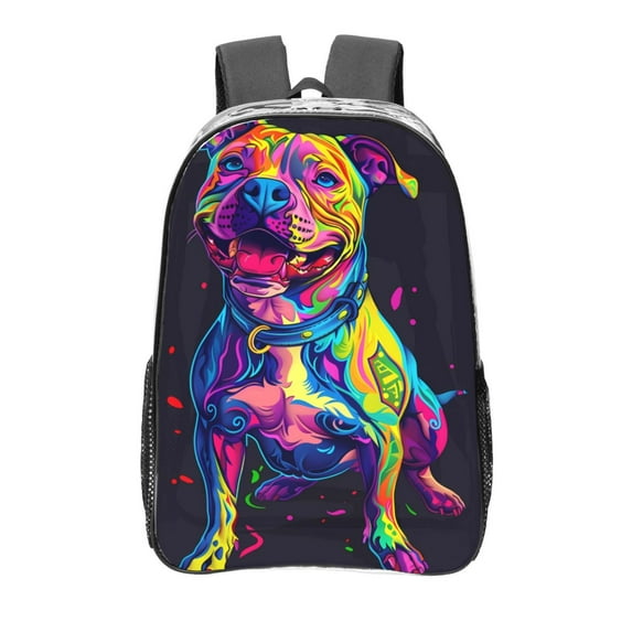 Zufioo Neon Pop Art Pitbull Print Transparent Backpack, 16-inch PVC Waterproof Schoolbag, Suitable for Campus Work and Travel, Unisex
