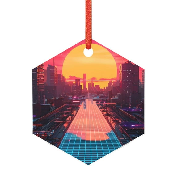 Zufioo Neon Sunset Cyberpunk Cityscape Print Large Acrylic Christmas Ornaments, Suitable for Christmas Tree Christmas Holiday Party Pendant Decorations-Hexagon