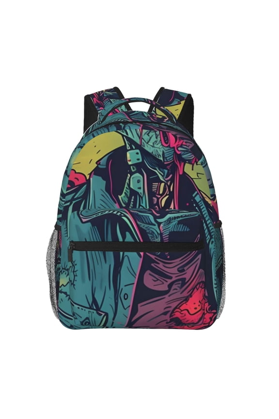 Neon Zombie Skull Print Casual Student Backpack, Adjustable Shoulder Straps Multi-Function Multi-Pocket Sports Bag Travel Backpack, Unisex-One Size
