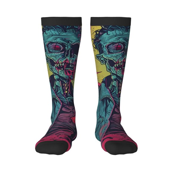Zufioo Neon Zombie Skull Print Long High Thigh Socks Knee-High Warm Stocking Women Boot Sock Leg Warmer High Socks for Daily Wear, Cosplay