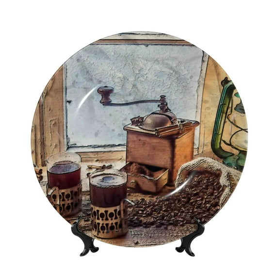 Zufioo Oil Lamp Coffee Beans Print Bone China Decorative Plate, Ceramic Dinner Plate with Stand Ceramic Decoration Homewares-8in