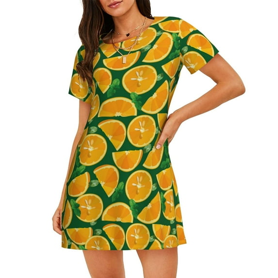 Zufioo Orange Lemon Print Women's Nightgown, Round Neck Short-sleeved Pajamas, Home Wear Suitable for Home and Outing