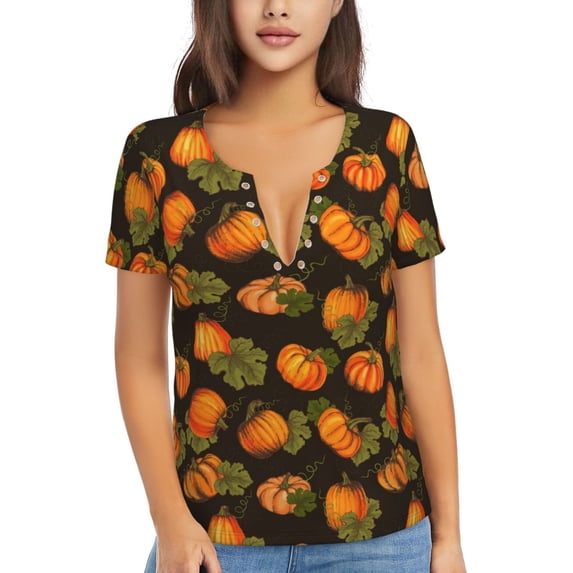 Zufioo Orange Pumpkin for Women's Deep V-neck Short-sleeved T-shirt, Top with Short Sleeves - with Stainless Steel Buckle, Moisture Wicking, Ideal Home Wear-Medium