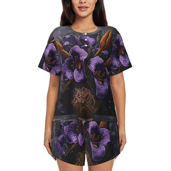 Zufioo Ornate Purple Floral Vase Print Women's Short-sleeved Pajama Set, Round Neck Button Top, Elastic Waist Drawstring Shorts, Suitable for Home, Leisure, Vacation-Small