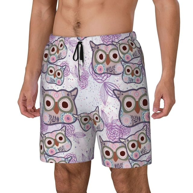 Zufioo Owl And Floral Mens Swimsuit Trunks with Compression Liner,Quick