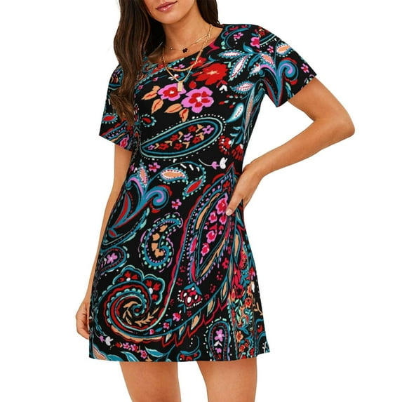 Zufioo Paisley Print Women's Nightgown, Round Neck Short-sleeved Pajamas, Home Wear Suitable for Home and Outing