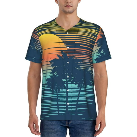 Zufioo Palm Trees Print Men's Baseball Short Sleeve, Moisture Wicking Button-Down Hip Hop Tee-Large