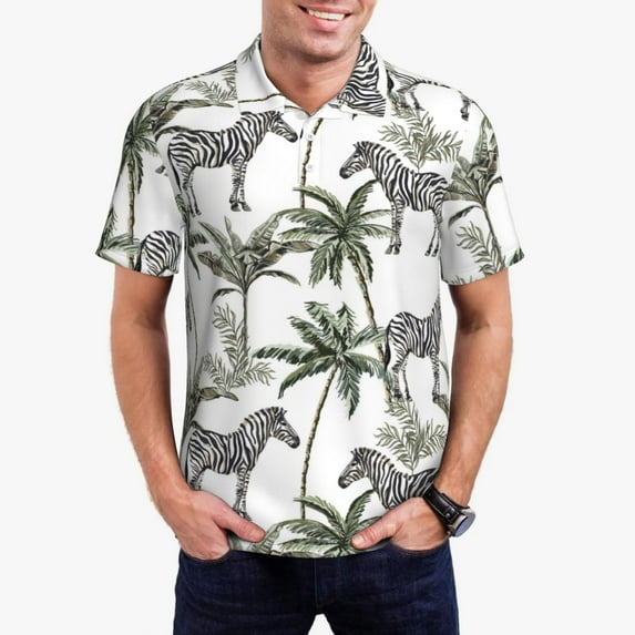 Zufioo Palm Trees Zebra Print Men's POLO Shirts, Quick-drying Button-down Business and Vacation Shirts, T-shirts, Summer Clothing-Small