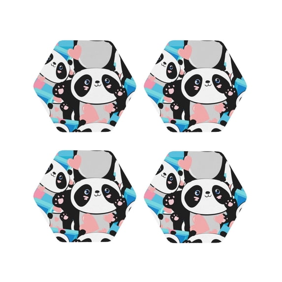 Zufioo Panda Cute Pink Hearts Print Leather Coaster Set, Decorative PVC Coasters 4-pack - Scald and Stain-resistant, Suitable for Home, Cafes, Restaurants-Hexagon
