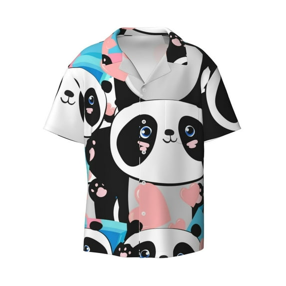 Zufioo Panda Cute Pink Hearts Print Mens Button Down Short Sleeve Shirt,Classic Plaid Shirt,Mens Accessories Fashion Shirt-X-Large