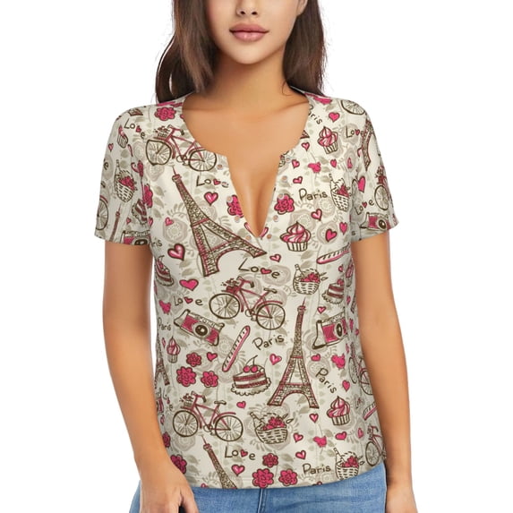 Zufioo Paris Vintage for Women's Deep V-neck Short-sleeved T-shirt, Top with Short Sleeves - with Stainless Steel Buckle, Moisture Wicking, Ideal Home Wear-XX-Large