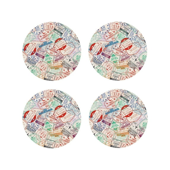 Zufioo Passport Stamp Print Leather Coaster Set, Decorative PVC Coasters 4-pack - Scald and Stain-resistant, Suitable for Home, Cafes, Restaurants-Round Shape