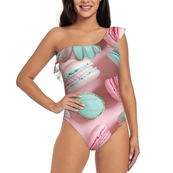 Zufioo Pastel Macarons Delight Print One-shoulder Ruffled One-piece Swimsuit, High Elastic Integrated Removable Chest Pad Swimsuit Suitable for Beach, Pool and Vacation-Large