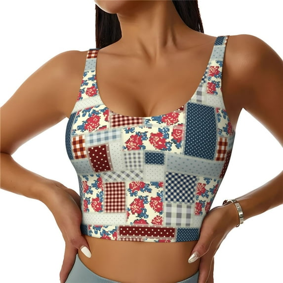 Zufioo Patchwork In Country Style Print Women's Sports Vest, U-shaped Removable Chest Pad Sports Backless Top, Suitable for Fitness and Bodybuilding, Leisure and Daily Life-X-Large