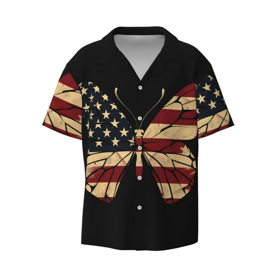 Zufioo Patriotic USA Butterfly Art Print Mens Button Down Short Sleeve Shirt,Classic Plaid Shirt,Mens Accessories Fashion Shirt-XX-Large