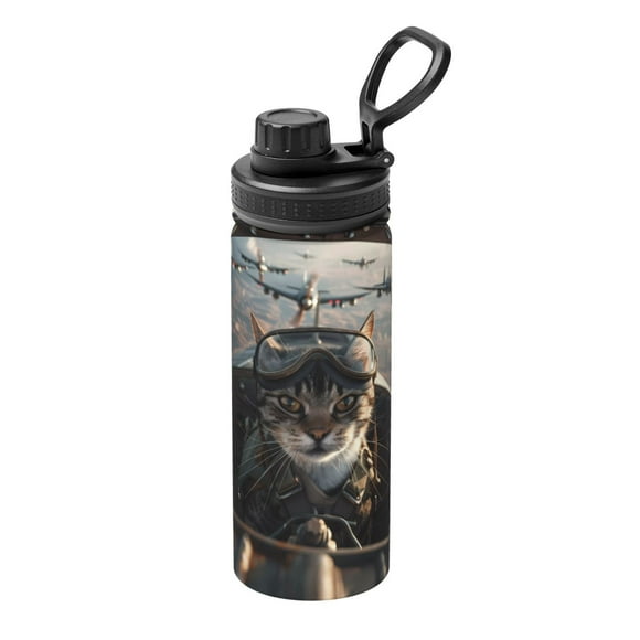 Zufioo Pilot Cat In Vintage Plane Print 18OZ Sports Thermos Bottle, Portable Stainless Steel Vacuum Water Bottle, Suitable for Gym, Cycling, Camping