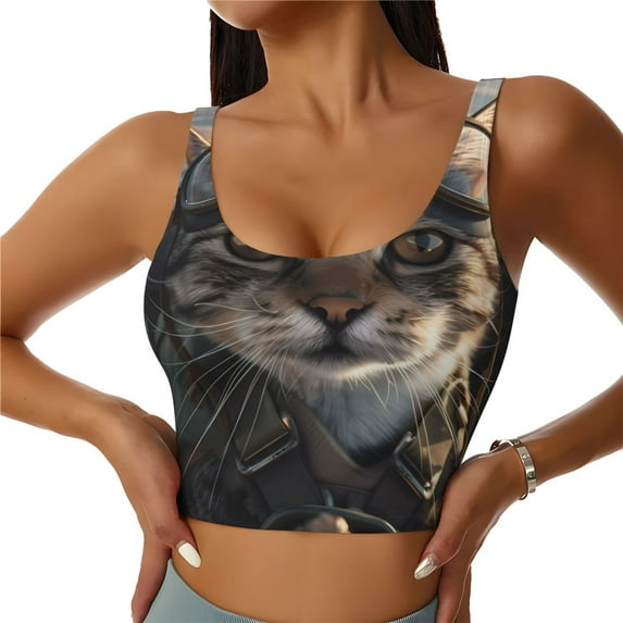 Zufioo Pilot Cat In Vintage Plane Print Women's Sports Vest, U-shaped Removable Chest Pad Sports Backless Top, Suitable for Fitness and Bodybuilding, Leisure and Daily Life-XX-Large