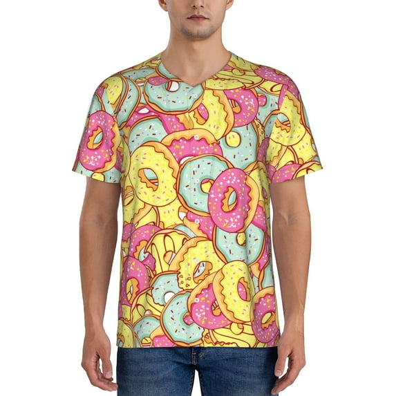 Zufioo Pink Donut and Blue Print Men's Baseball Short Sleeve, Moisture Wicking Button-Down Hip Hop Tee-Medium