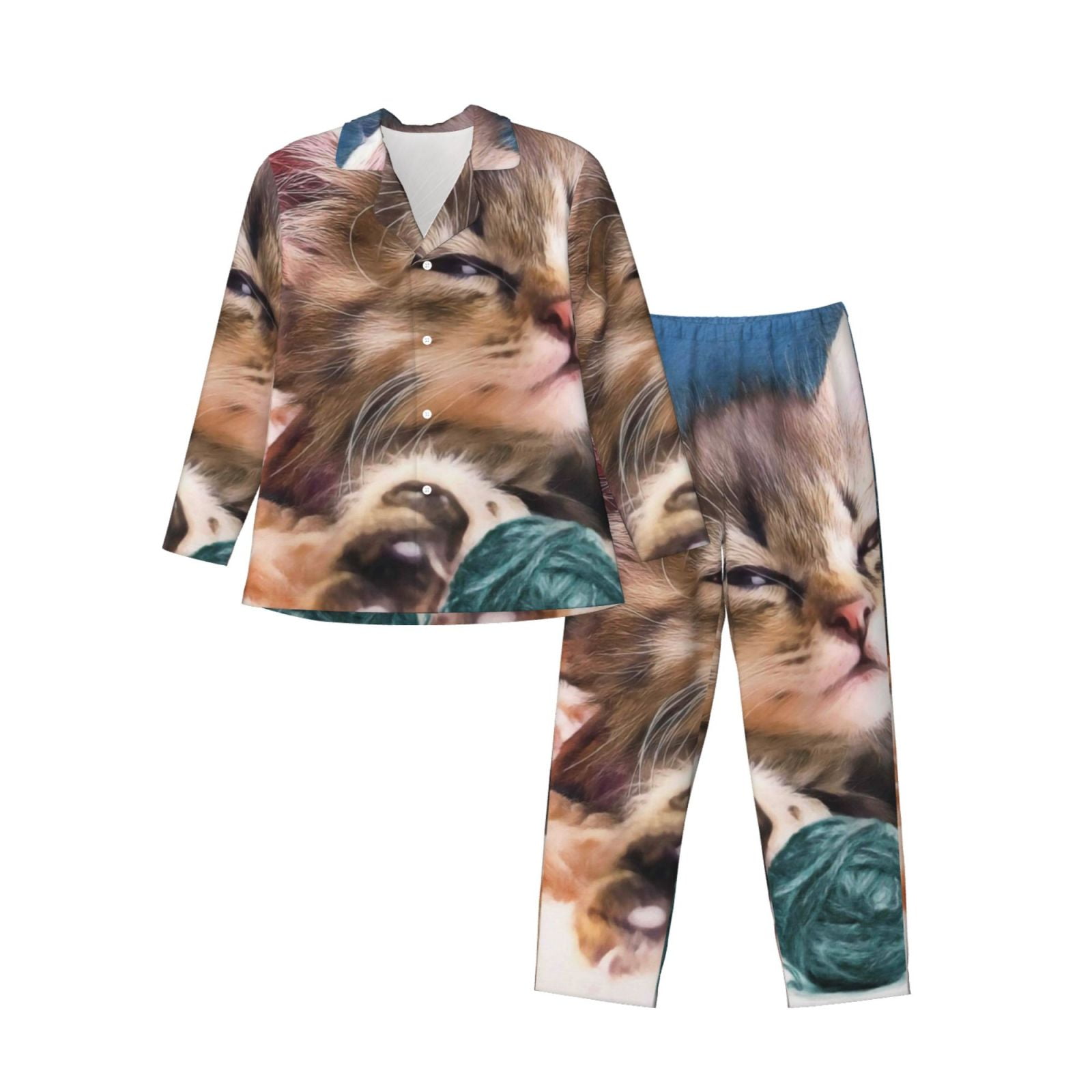 Zufioo Playful Cat Mens Pajamas Set, Mens LongSleeved Pajama and