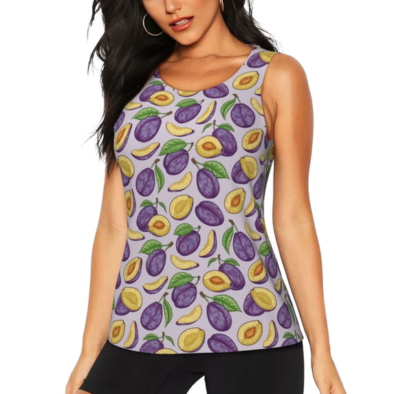 Zufioo Plum Print Women's Vest, Sleeveless Quick-drying Sports T-shirt, Suitable for Yoga, Running, Fitness-Small