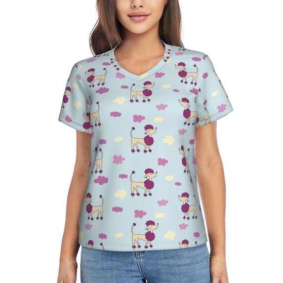 Zufioo Poodle Dog Print Women's Classic V-neck T-shirt, V-neck Short-sleeved Tops Home Wear, Suitable for Daily Life, Work, Outdoors-Small