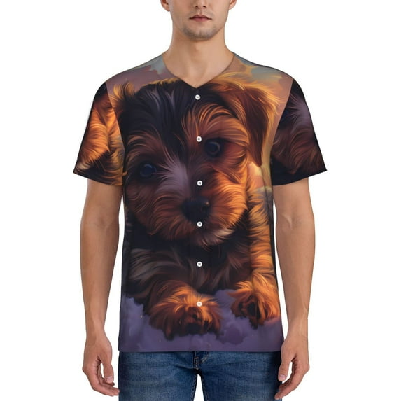 Zufioo Puppy Lying On A Cloud Print Men's Baseball Short Sleeve, Moisture Wicking Button-Down Hip Hop Tee-Small