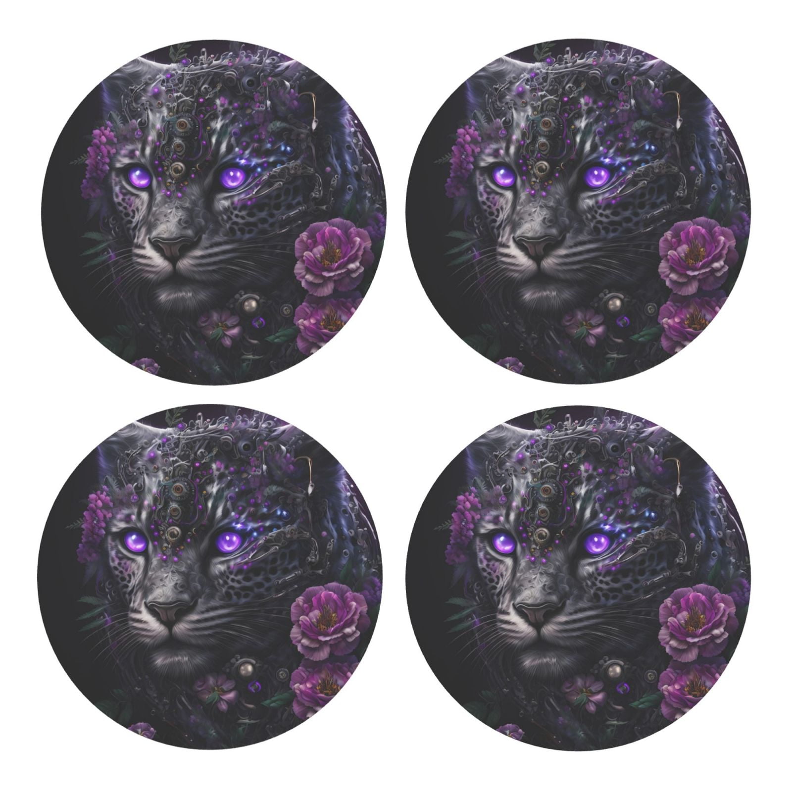 Zufioo PurpleEyed Floral Leopard 4 PCS MDF Cork Coasters,4 inches