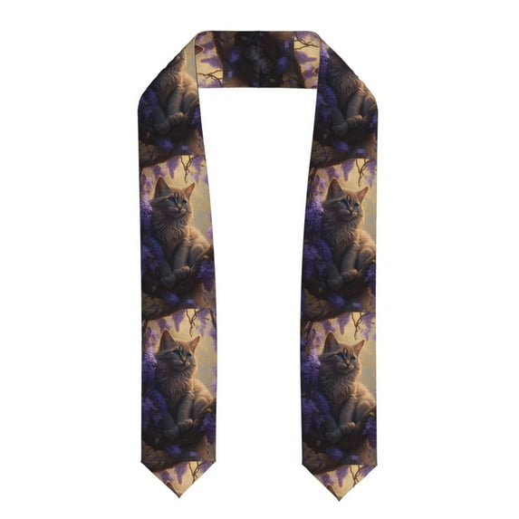 Zufioo Purple Flower Lazy Cat Print Graduation Shawl Ribbon, Graduation Ribbon for Male and Female Graduates-Flattened