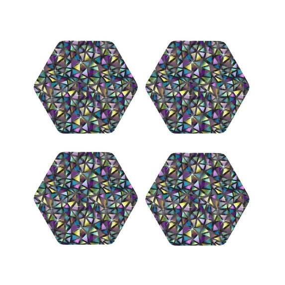 Zufioo Purple-Gold Triangles Print Leather Coaster Set, Decorative PVC Coasters 4-pack - Scald and Stain-resistant, Suitable for Home, Cafes, Restaurants-Hexagon