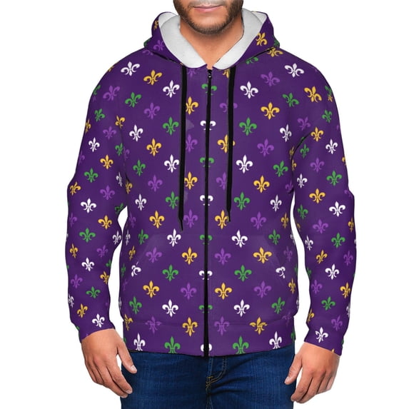 Zufioo Purple Mardi Gras Print Men's Hooded Cardigan, Zip-up Long-Sleeved Sweatshirt Jacket Sportswear-Medium