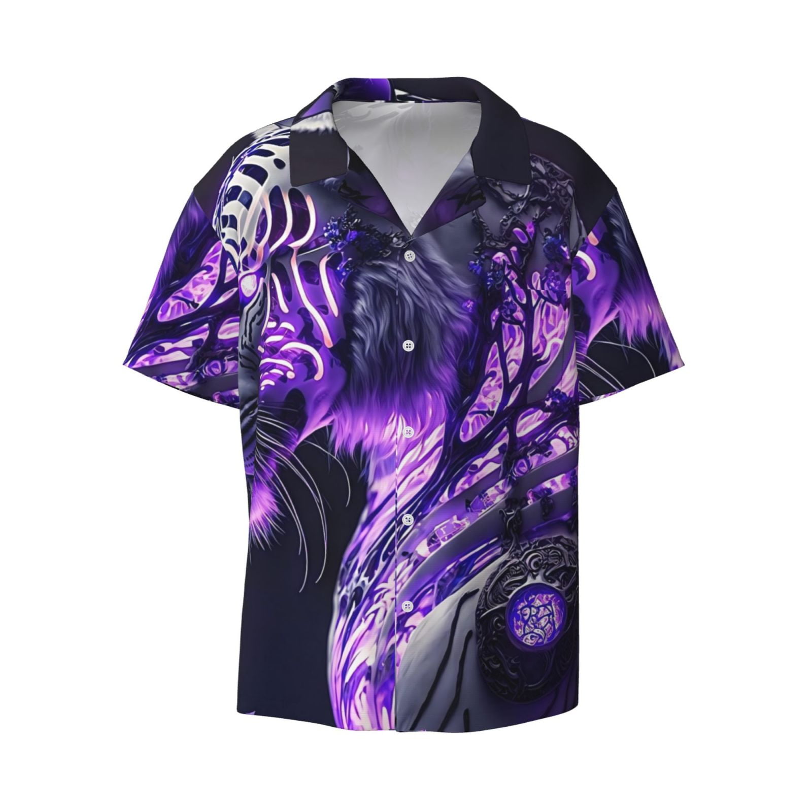 Zufioo Purple Pattern White Tiger Print Mens Button Down Short Sleeve