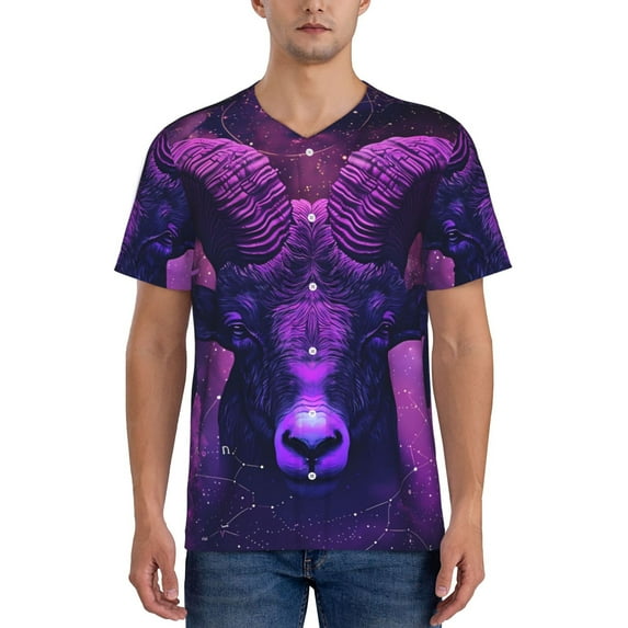 Zufioo Purple Starry Sky Antelope Print Men's Baseball Short Sleeve, Moisture Wicking Button-Down Hip Hop Tee-4X-Large