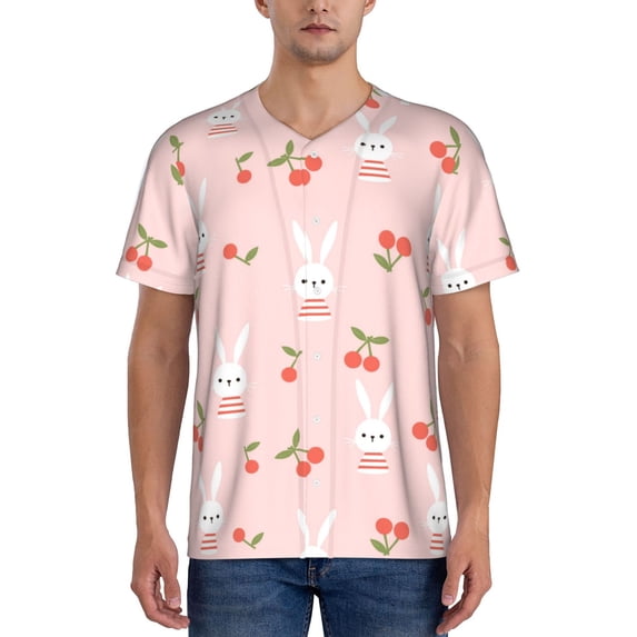 Zufioo Rabbit And Cherry Print Men's Baseball Short Sleeve, Moisture Wicking Button-Down Hip Hop Tee-Medium