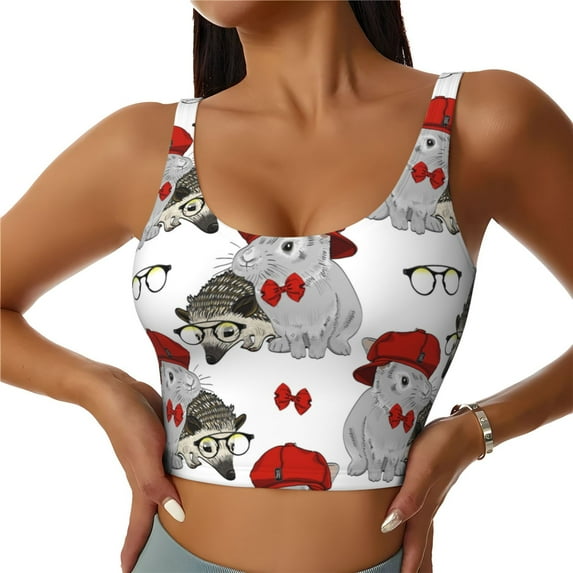 Zufioo Rabbit And Hedgehog Print Women's Sports Vest, U-shaped Removable Chest Pad Sports Backless Top, Suitable for Fitness and Bodybuilding, Leisure and Daily Life-Small