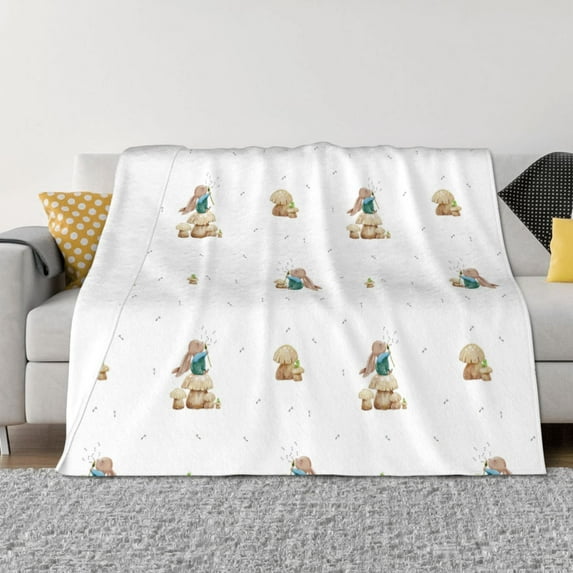 Zufioo Rabbit Blowing Dandelions Print Horizontal Flannel Blanket, Anti-wrinkle, Anti-shrinkage, Anti-allergic Plush Blanket, Household Items Suitable for Bedroom-80"x60"
