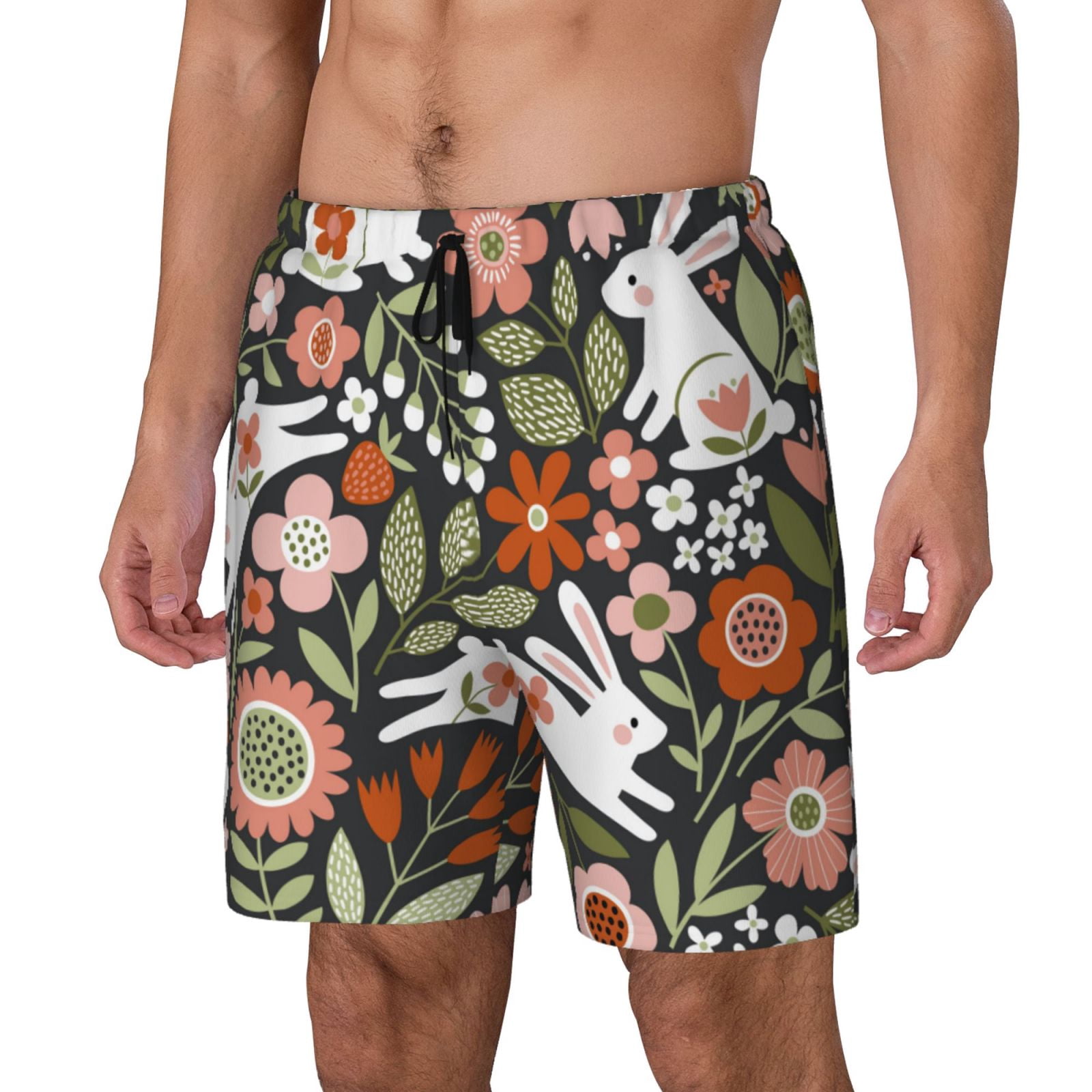 Zufioo Rabbits on Floral Mens Swimsuit Trunks with Compression Liner ...