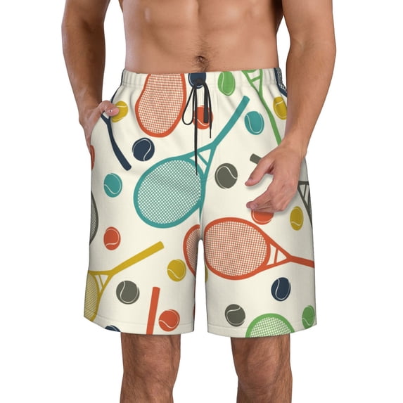 Zufioo Racket and Tennis Ball for Men's Casual Beach Shorts, Sports Fitness Quick-drying Drawstring Shorts with Pockets for Home Wear-X-Large