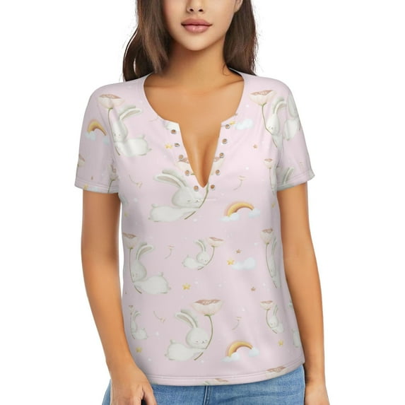 Zufioo Rainboe And Rabbit for Women's Deep V-neck Short-sleeved T-shirt, Top with Short Sleeves - with Stainless Steel Buckle, Moisture Wicking, Ideal Home Wear-Large