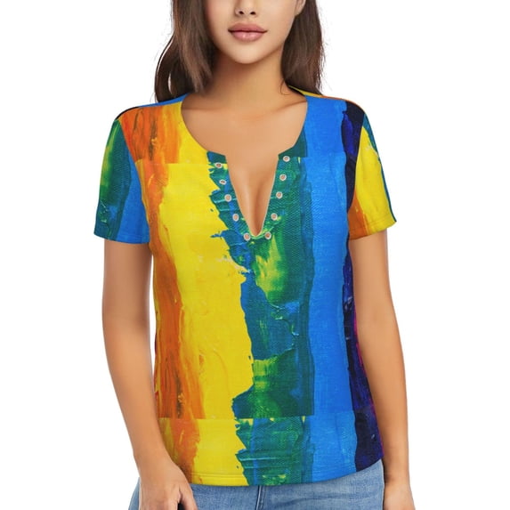Zufioo Rainbow Colored for Women's Deep V-neck Short-sleeved T-shirt, Top with Short Sleeves - with Stainless Steel Buckle, Moisture Wicking, Ideal Home Wear-X-Large