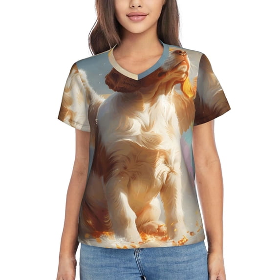 Zufioo Rainbow English Cocker Spaniel Print Women's Classic V-neck T-shirt, V-neck Short-sleeved Tops Home Wear, Suitable for Daily Life, Work, Outdoors-XX-Large