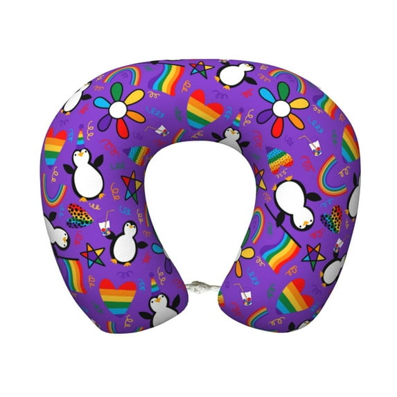 Zufioo Rainbow Lgbt Penguin for Memory Foam U-shaped Pillow, Buckle and Invisible Zipper Neck Head Support Airplane Pillow for Travel Car Home-One Size