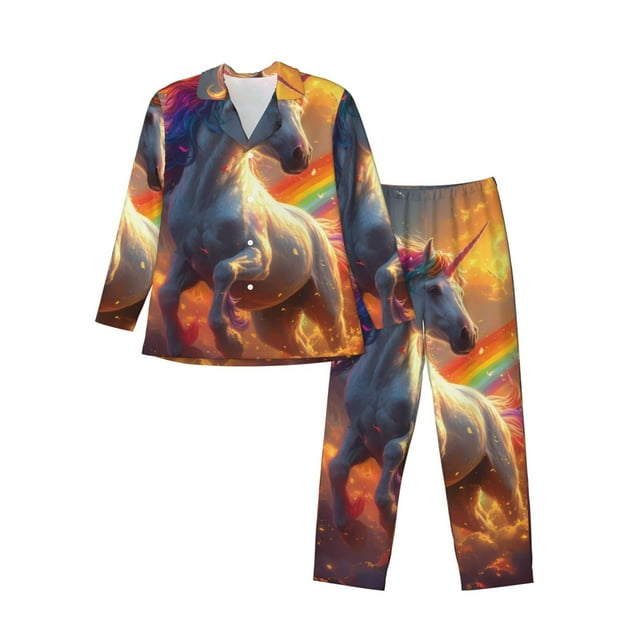 Zufioo Rainbow Sunset Cloud White Horse Mens Pajamas Set, Mens Long