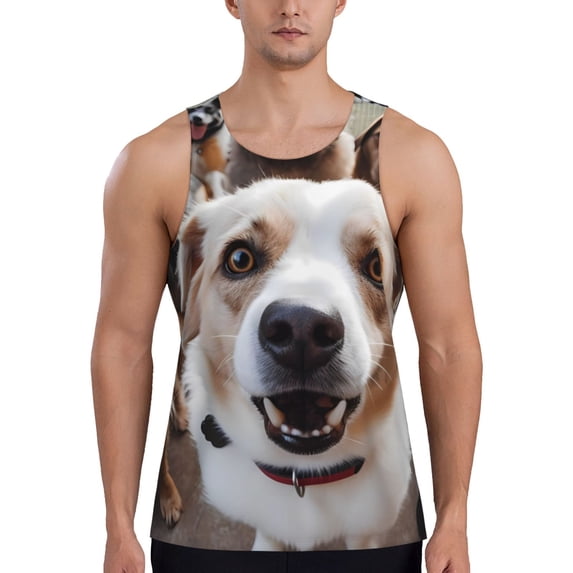 Zufioo Realistic Cute Puppy Print Men's Vest, Sleeveless Quick-drying Muscle T-shirt, Suitable for Sports Fitness, Home Leisure Wear-Large