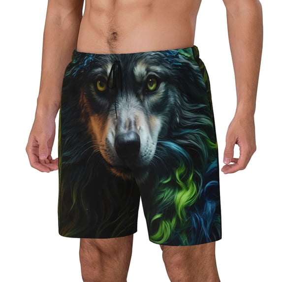 Zufioo Realistic Style Colorful Wolf A Mens Swimsuit Trunks with Compression Liner,Quick Dry Sports suit,Beach Board Shorts with Pockets,Bathing Suits-3X-Large